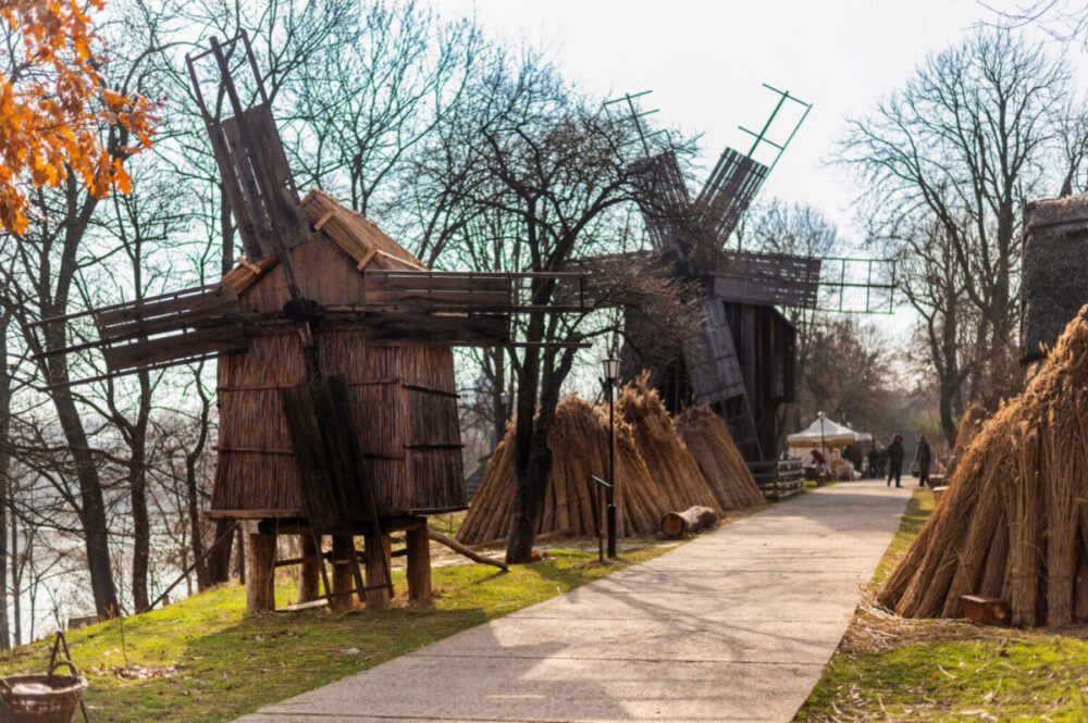 View of the Village Museum in Bucharest, Romania. Old windmills building made in national style